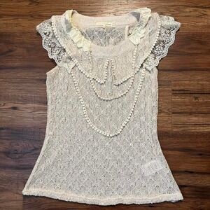 Anthropologie A'Reve Cream Sheer Lace Blouse Large Collar Women Small Boho Fairy